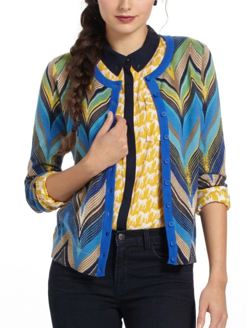 Anthropologie Peacock Feathers Chevron Button-Front Cardigan